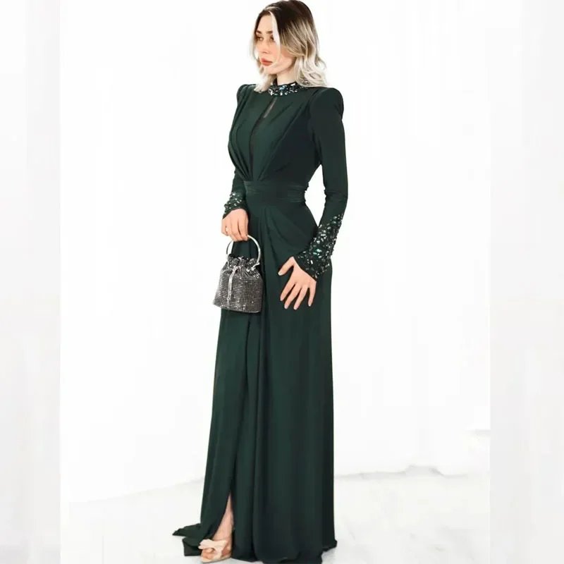 Customized Elegant High Neck Evening Dress A-line Long Sleeve Prom Dress Sequined Ruched Long Birthday Dress for Special Ocn