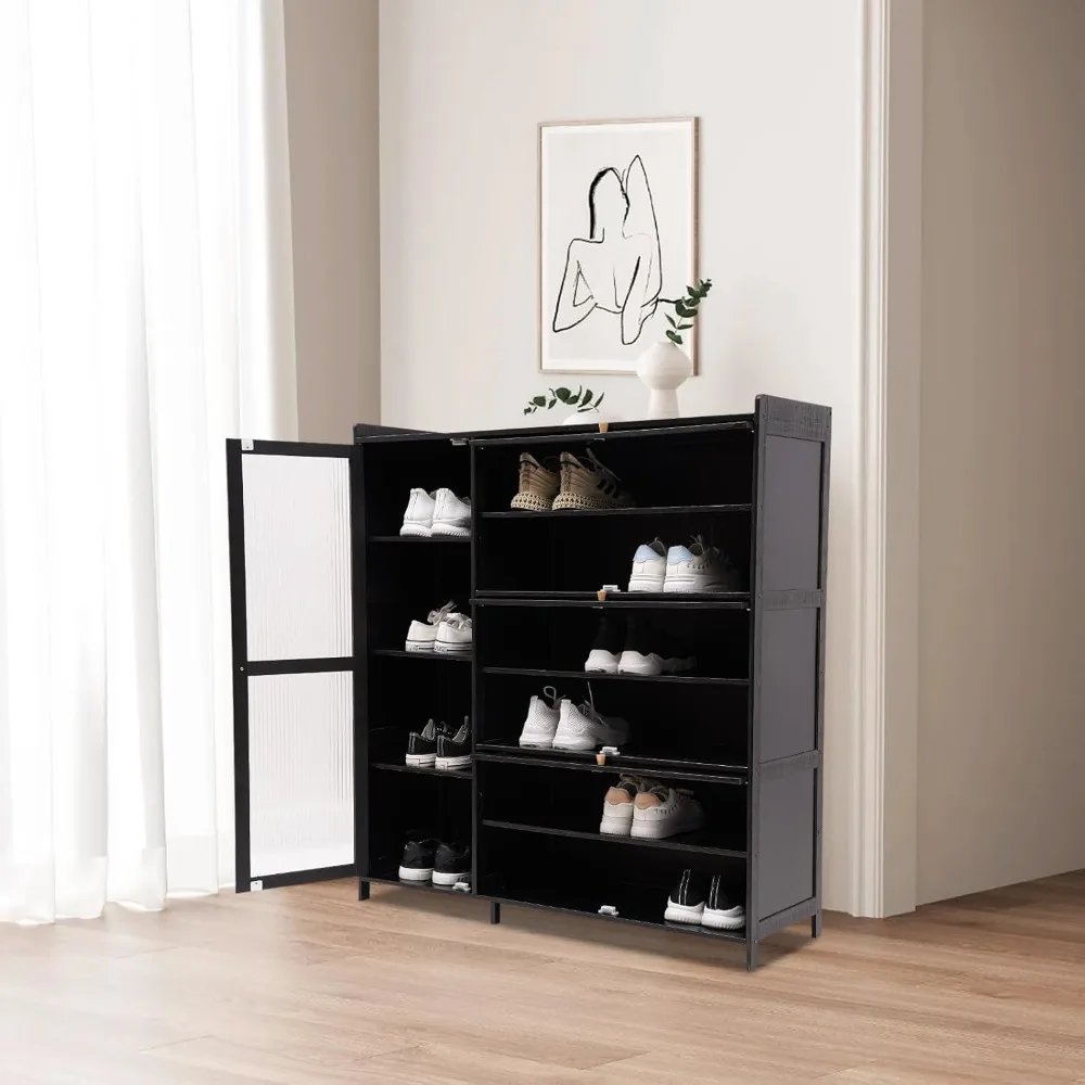 خزانة تخزين من 4 طبقات مع أبواب قابلة للطي، خزانة أحذية من الخيزران الروطان مع باب شفاف للممر، غرفة المعيشة، 100 * 33 * 110 #5