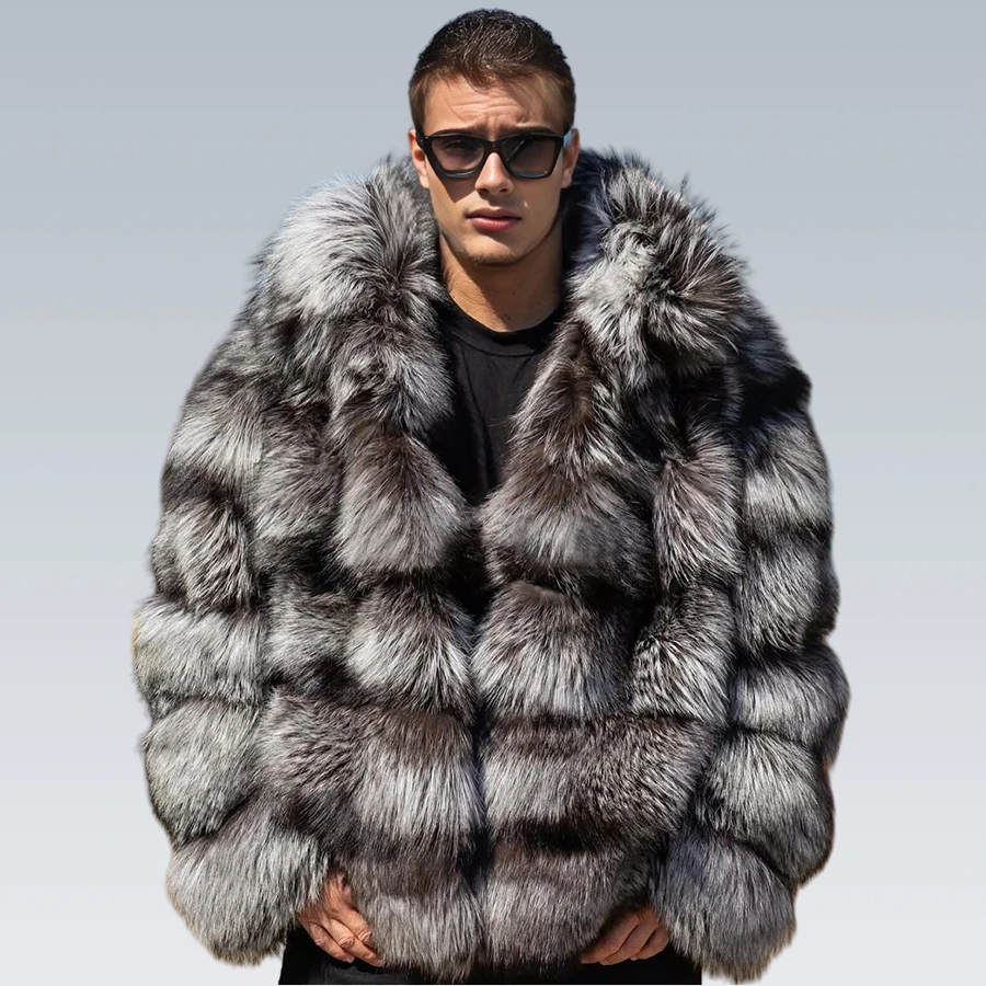 

Genuine Silver Fox Fur Coats Real Fox Fur Jackets With Collar Men's Leather Jacket Fashion Luxury Natural Fur Overcoat