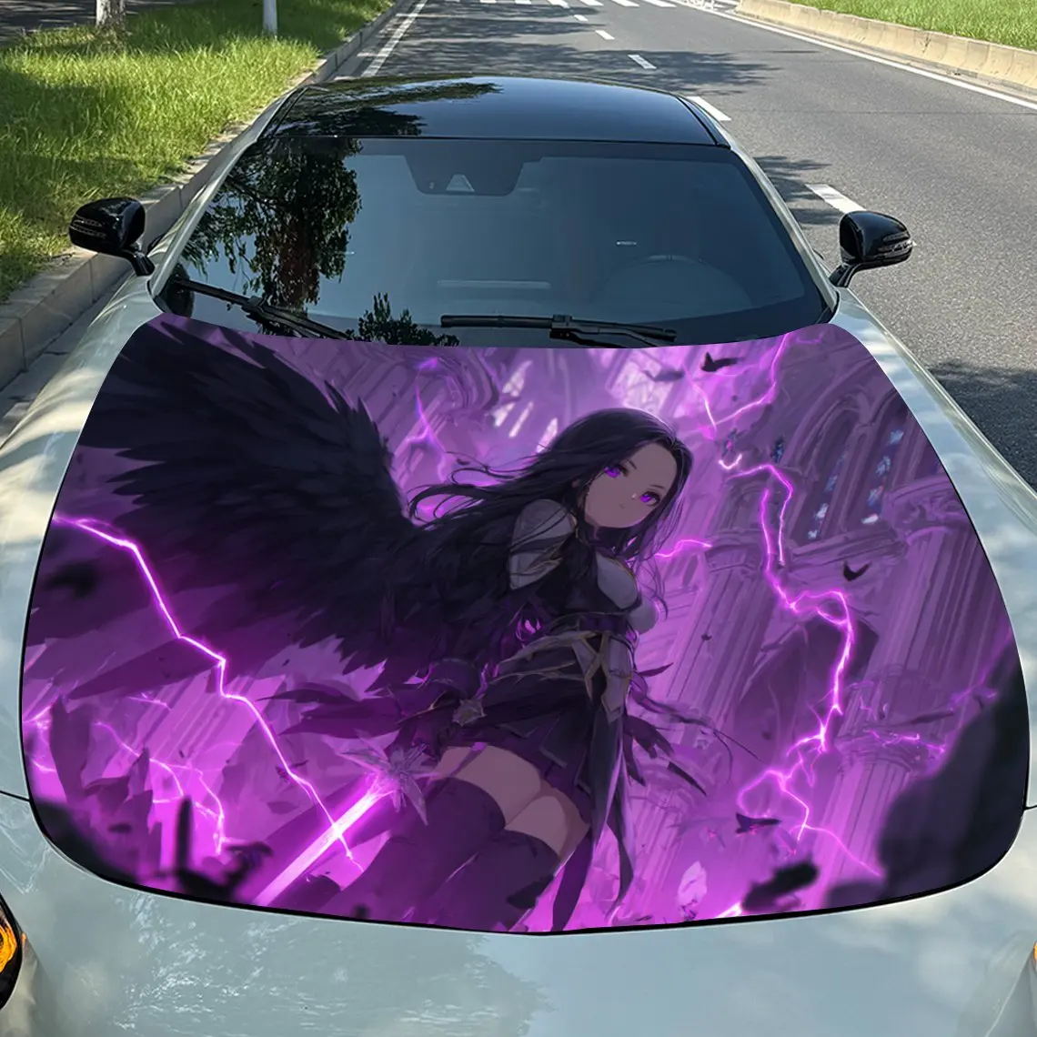 

Anime Style Purple Lightning Girl Car Hood Sticker PVC Self Waterproof Stick, Striking Auto Exterior Accessories Decor Protect G