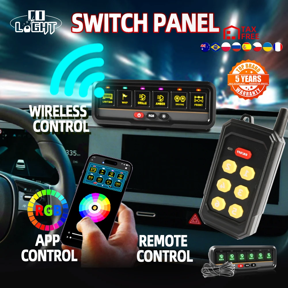 CO LIGHT 6-Gang-Schalttafel, kabellose App, 230 Fuß Fernbedienung, IP68, wasserdicht, automatisch dimmbar, RGB-Farben, Schaltkasten für LKW