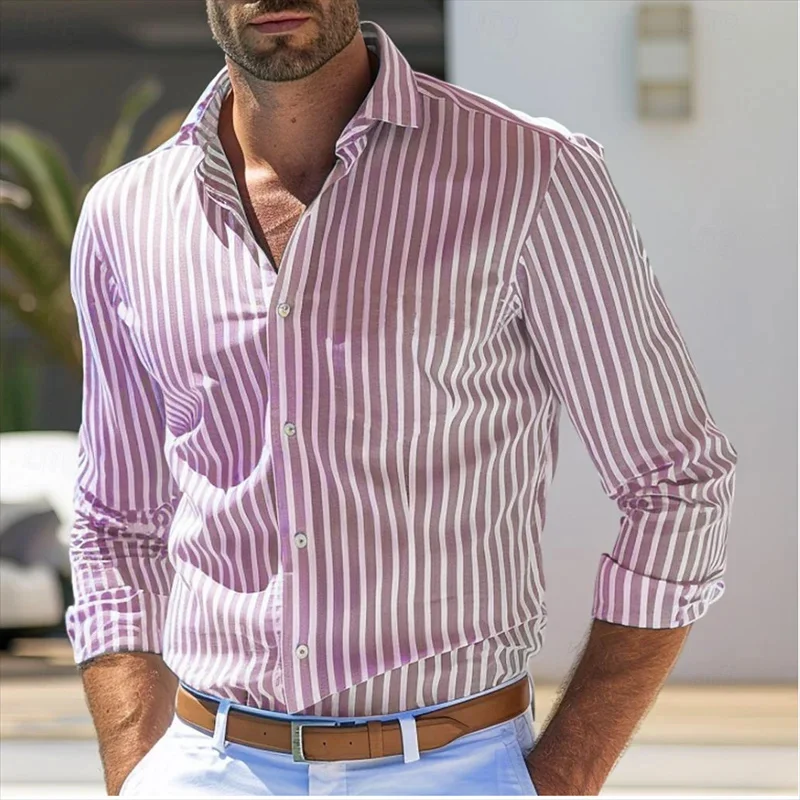 Men\'s Shirts Button Down Shirts Simple Casual Shirts Pink Long Sleeve Striped Lapel Daily Resort Wear Stylish Casual Shirts Tops