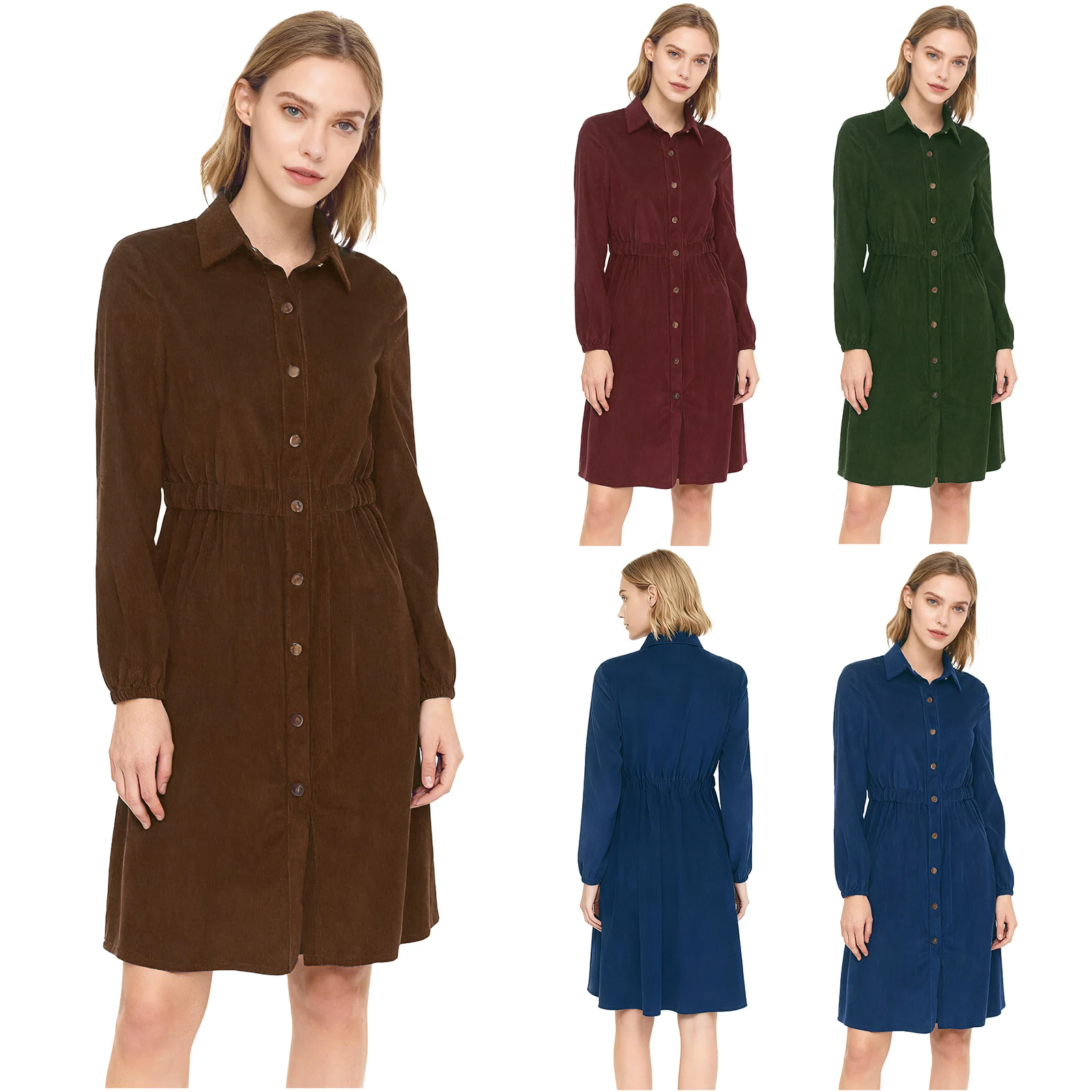 Women Basic Corduroy Shirt Long Dress Lapel Long Sleeve Button Knee-length Jacket Dress for Office Weekend Getaway Daily Casual