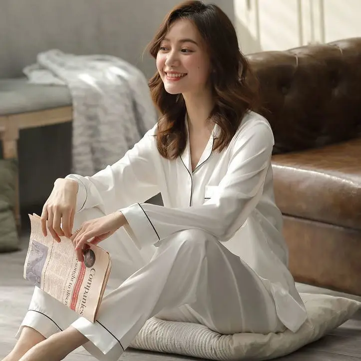 Ice Silk Pajamas Ladie Long-sleeved Thin Korean Version of The Casual Large Size Homewear Two-piece Set Spring Summer   Homewear