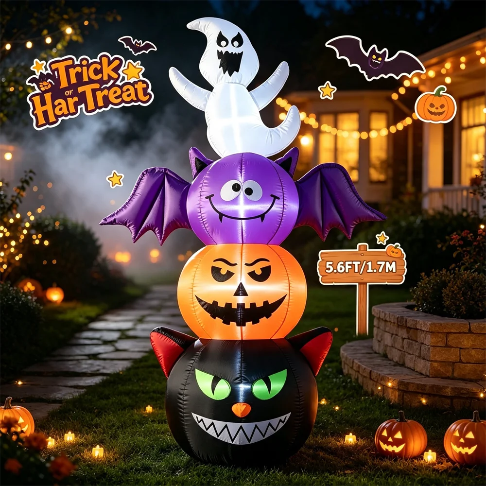 Halloween Outdoor Inflatable Model Decor 5.6FT with LED Four Layers Stack Black Cat Jack O Lantern Bat Ghost Holiday Ornament