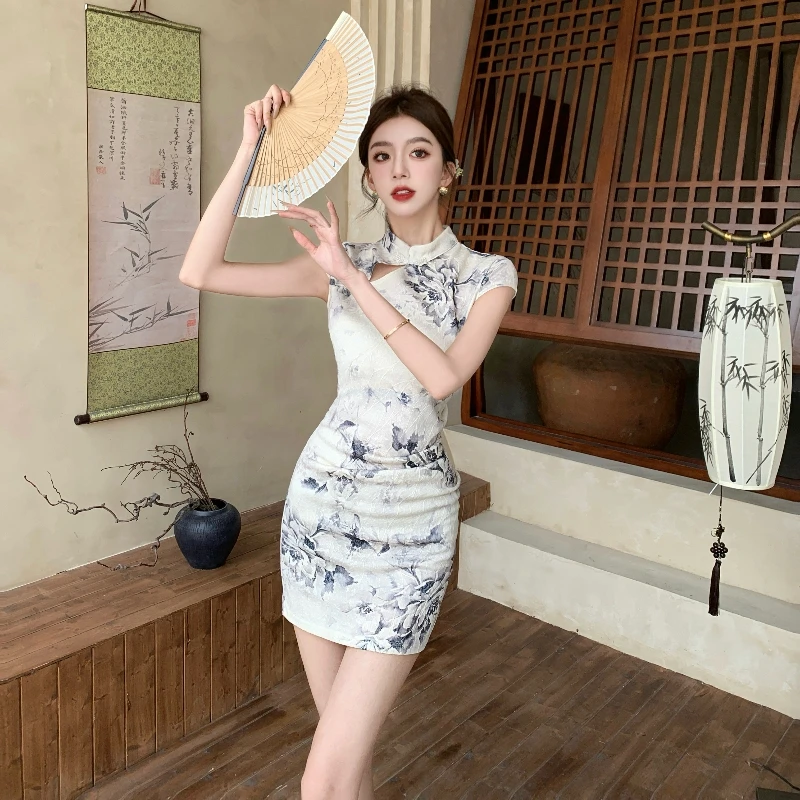 

Coigarsam Women's Summer Dress Cheongsam Office Lady Solid Beading Dresses