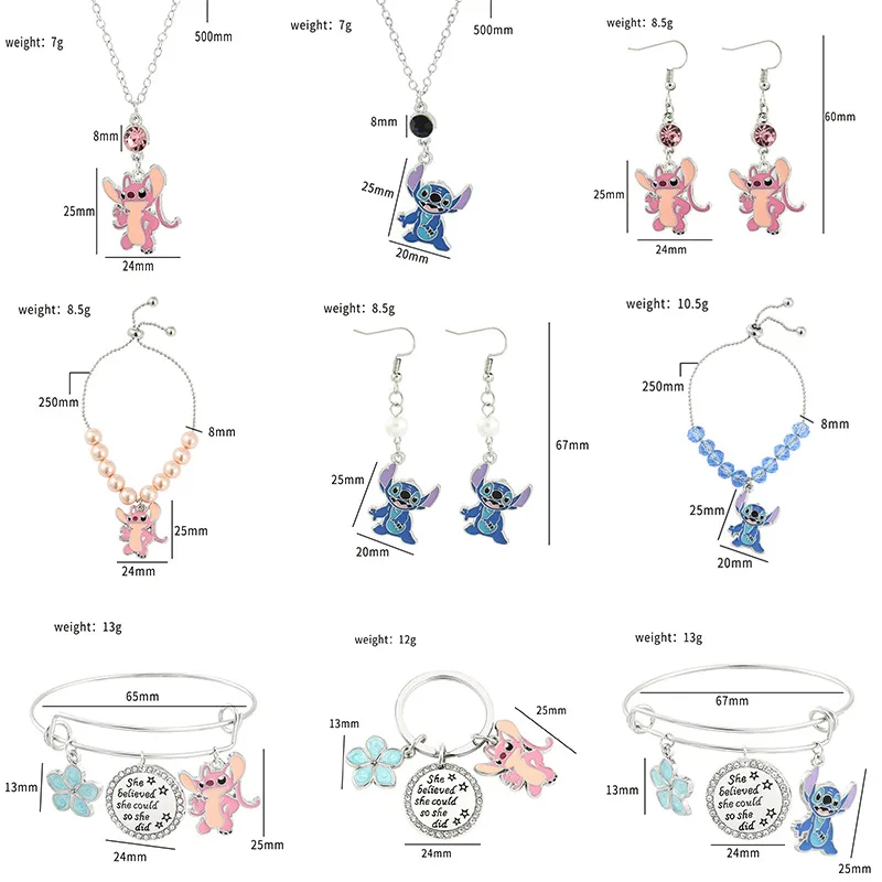 Kawaii Disney Stitch Earrings Necklace Keychain Jewelry Cartoon New Summer Versatile Couple Bracelet Jewelry Birthday Gift