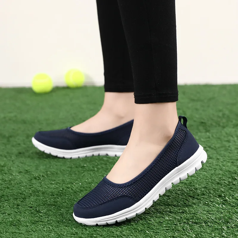 summer Vulcanized Shoes 2021 Women Flats Female Sneakers Striped Mesh Breathable Slip On Casual Shoes Ladies Soft Light Comfort