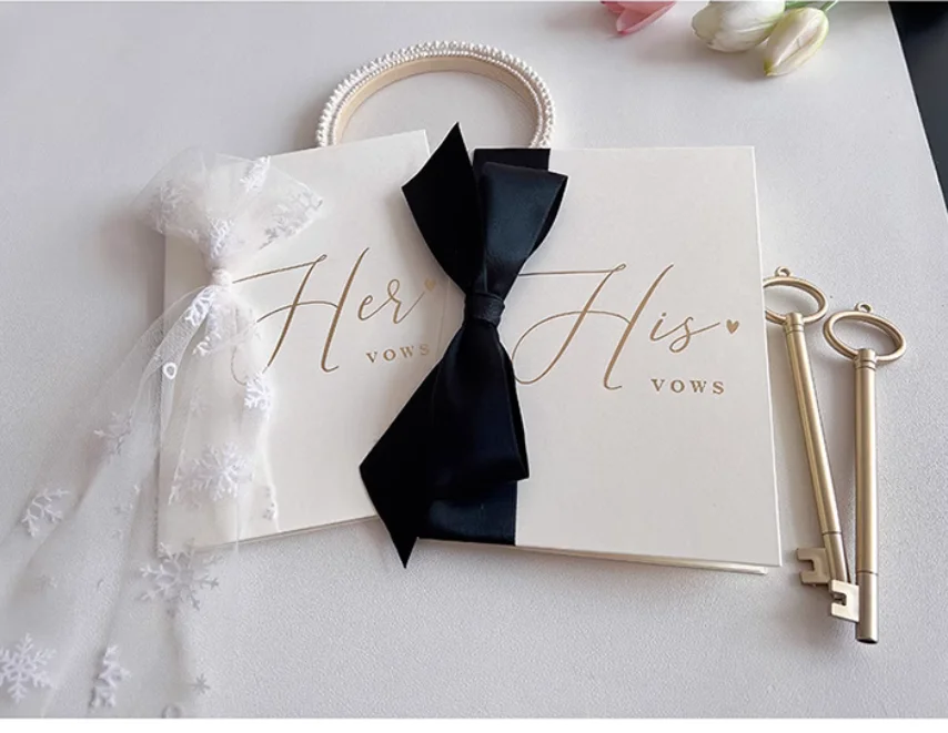 Vow cards, high-end Instagram-worthy black and white snowflake tulle wedding vows book, bride and groom's wedding vows, pen incl