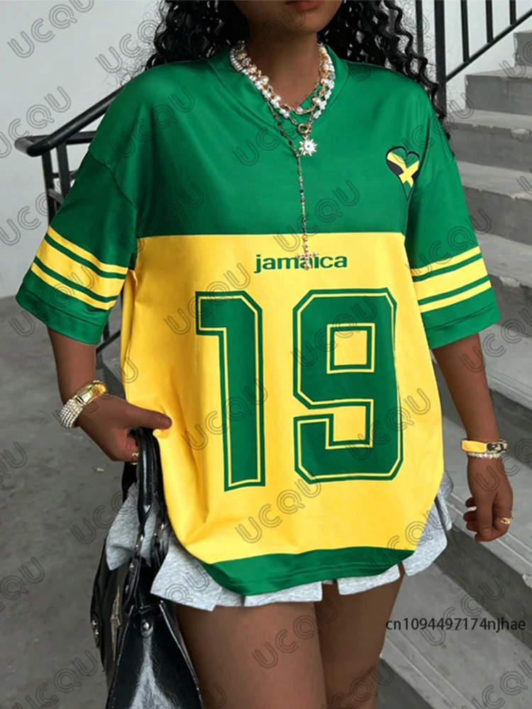 2025 صيف جديد جامايكا No.19 طباعة المرأة تي شيرت الخامس الرقبة المرقعة قصيرة الأكمام كرة قدم رياضية جيرسي Y2K فضفاض المتضخم القمم
