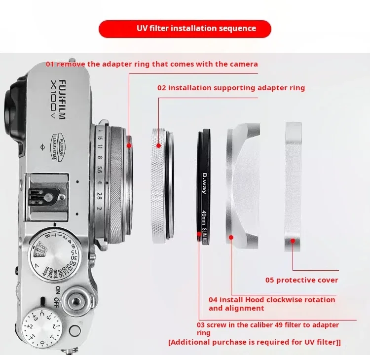 Square X100VI Blendenabdeckung, kompatibel mit Fujifilm X70 X100S X100T X100 X100F X100V Objektivfilter-Adapterring, Metallhalterung – Detail 6