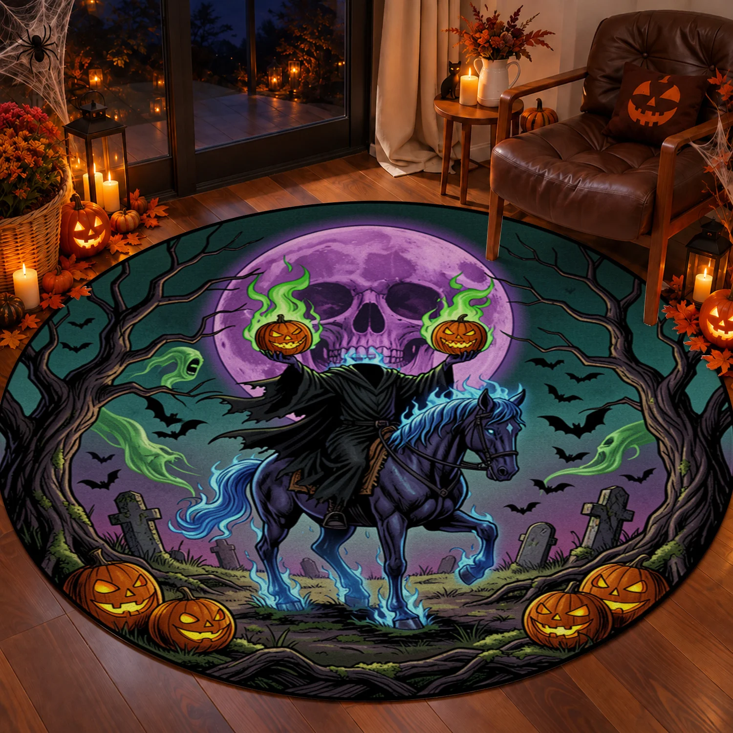 Halloween Headless Horseman Pumpkin Moon Bat Graveyard Pattern Round Velvet Area Rug Machine Washable for Living Room Bedroom Entryway Dining Room Perfect for Halloween Thanksgiving Black Friday Christmas New Year