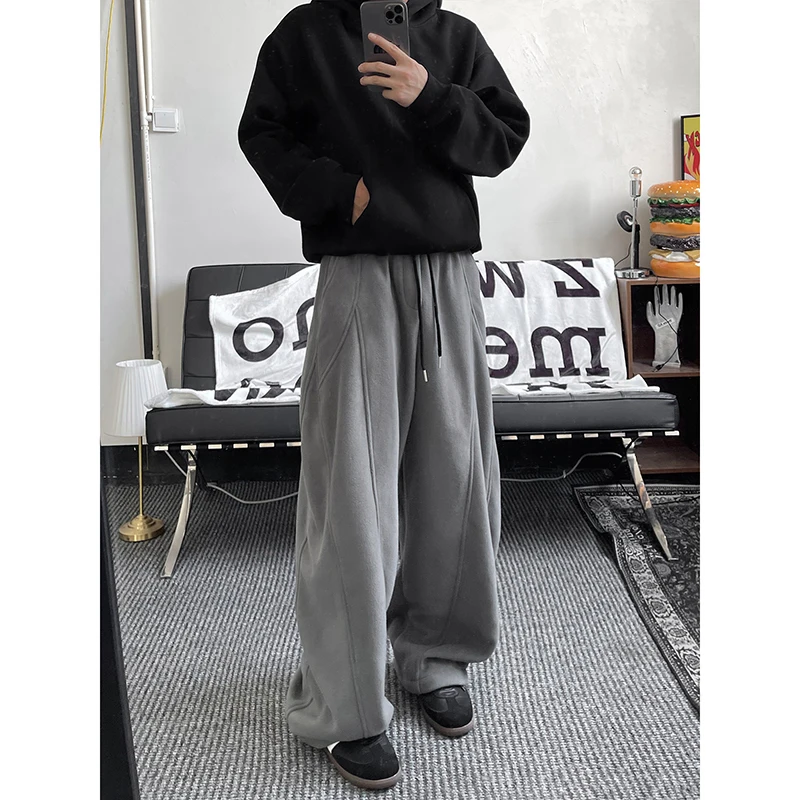 Winter Thicken Beige Pants Men Warm Fashion Thick Casual Pants Men Streetwear Korean Loose Wide Leg Pants Mens Trousers M-3XL