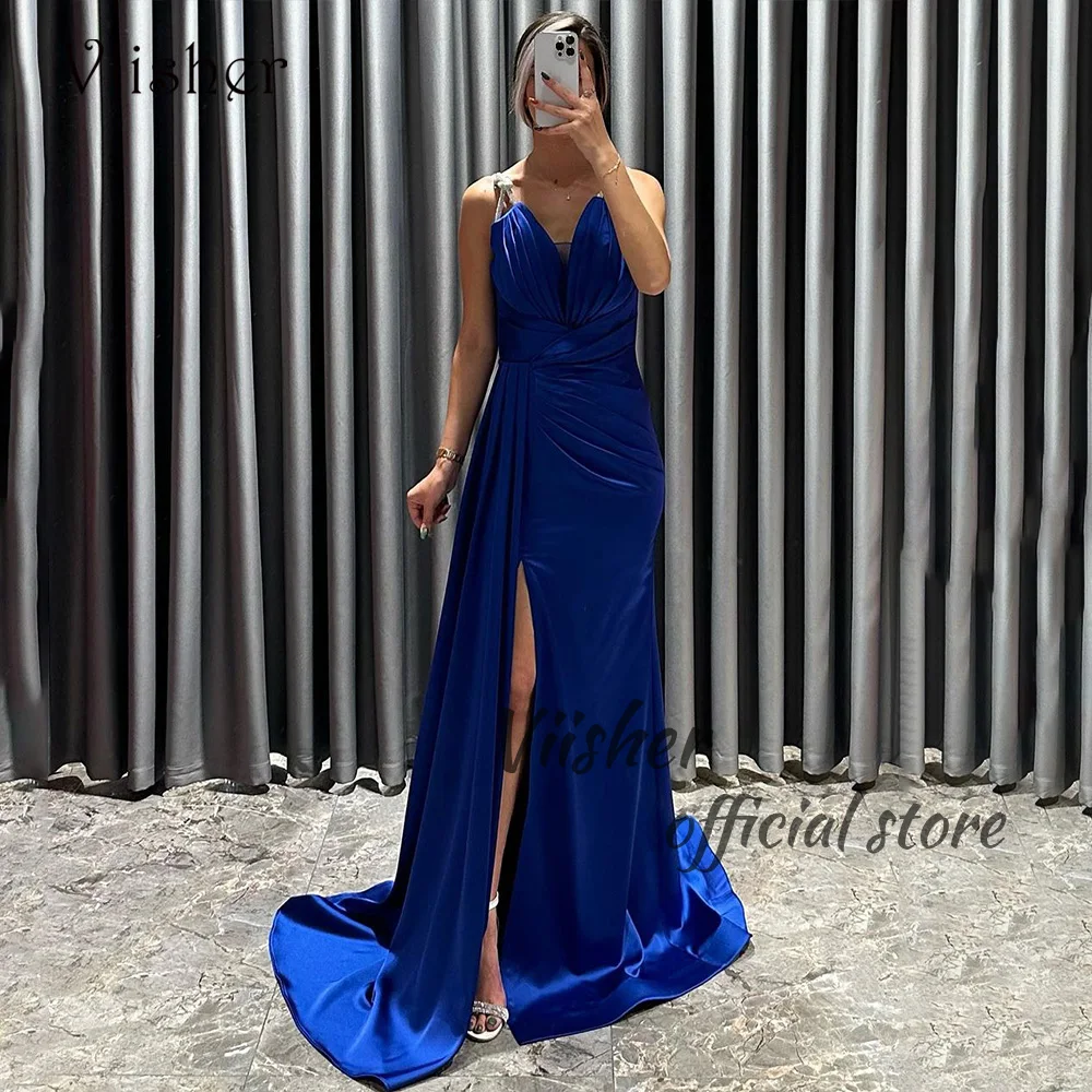 

Viisher Blue Satin Mermaid Evening Dresses with Slit Spaghetti Straps V neck Prom Party Dress with Train Dubai Formal Gowns