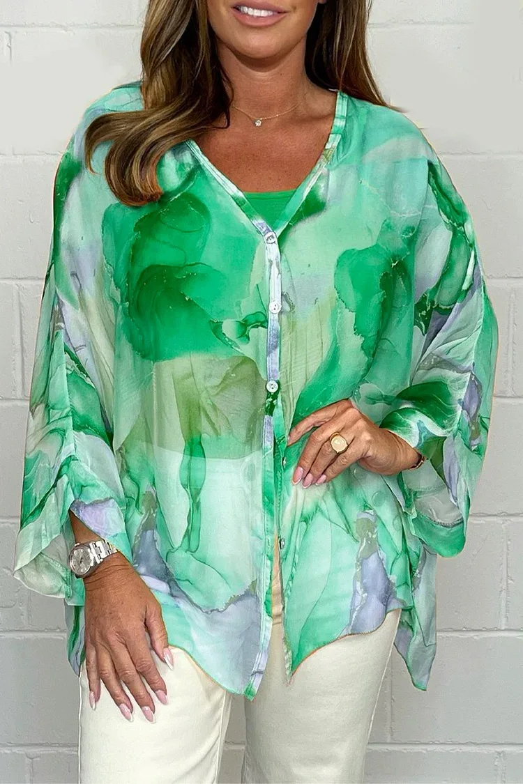 Losse Casual Tie Dye Print Side Split Shirt Voor Vrouwen Mode Elegante V-hals Dichtgeknoopt Chiffon Lange Mouwen Shirt 2024 Zomer nieuwe