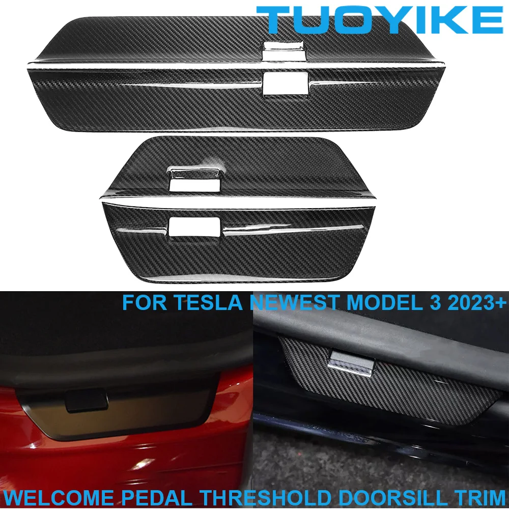 LHD RHD Car Styling Real Dry Carbon Fiber Welcome Pedal Threshold Doorsill Trim Cover Decoration For Tesla Newest Model 3 2023+