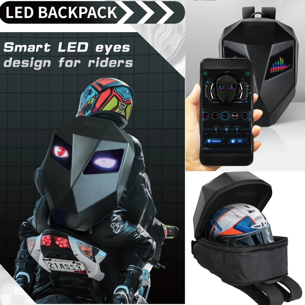 

LOY Knight Riding Backpack with Eyes Motorcycle Helmet Full Helmet Bluetooth APP Control Waterproof LED Hard Case Laptop Bag