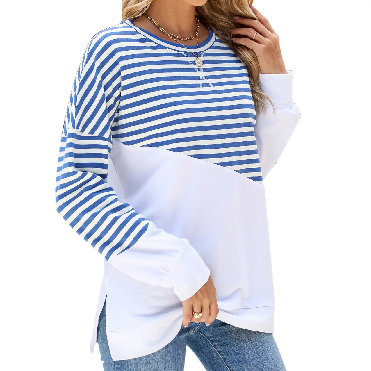 2024 New Sweater Coat Women Baggy Striped Sweatshirt Oversized Casual Top Trendy Pullover Long Sleeve T Shirt Color Block Hoodie