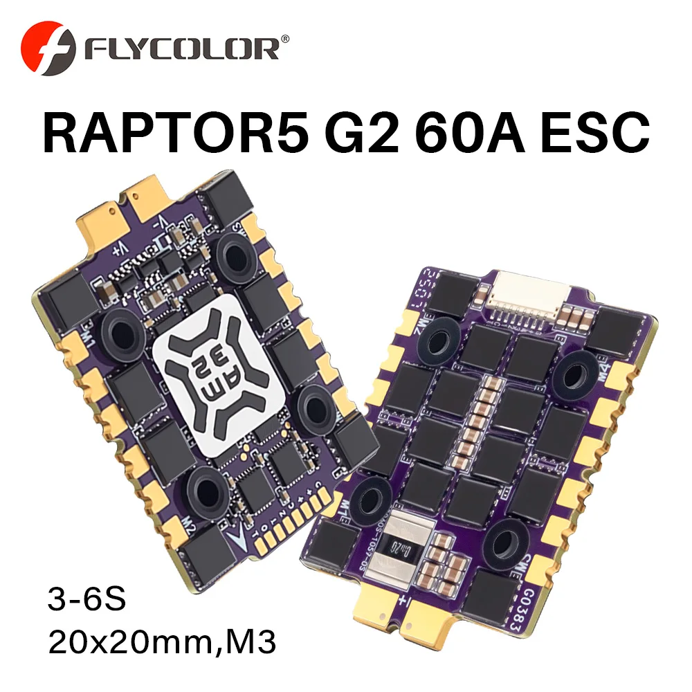 

Flycolor RC 60A ESC Raptor5 G2 Mini AM32 60A ESC 3-6S Lipo 20x20mm M3 For RC FPV Drones