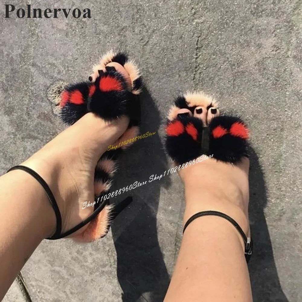 

Trendy Mixed Color Furry Decoration Sandals Stilettos High Heel Women Shoes Ankle Buckle Strap Open Toe 2024 Zapatos Para Mujere