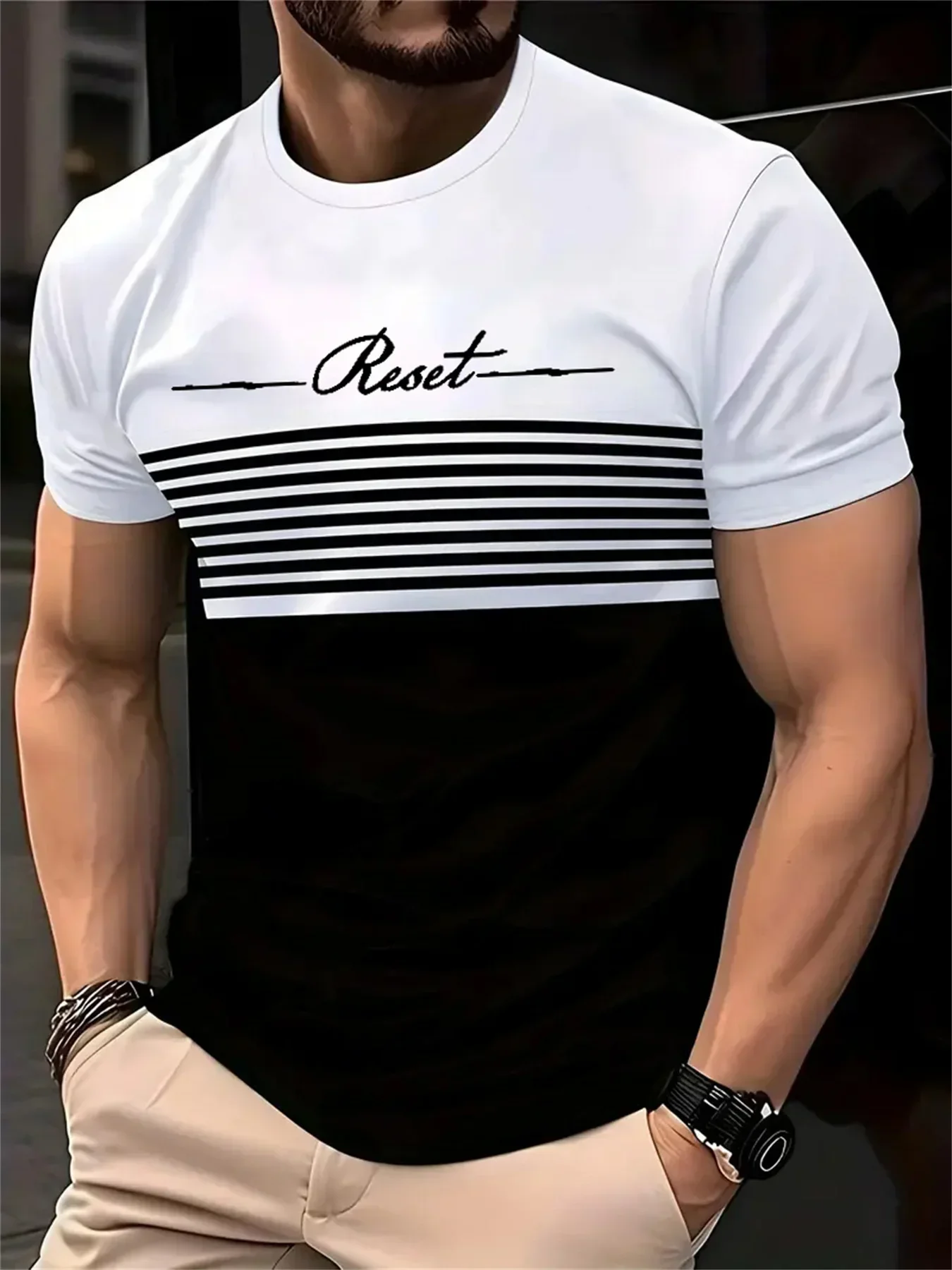 

Men's classic striped T-shirt, relaxed street style, round-neck striped printed T-shirt, summer large-sized clothing for man