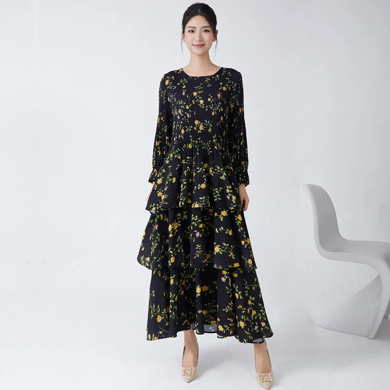 Floral Dress Vintage For Women Spring New Round Neck Long Sleeved Printed Stretch Miyake Pleated Long Dresses