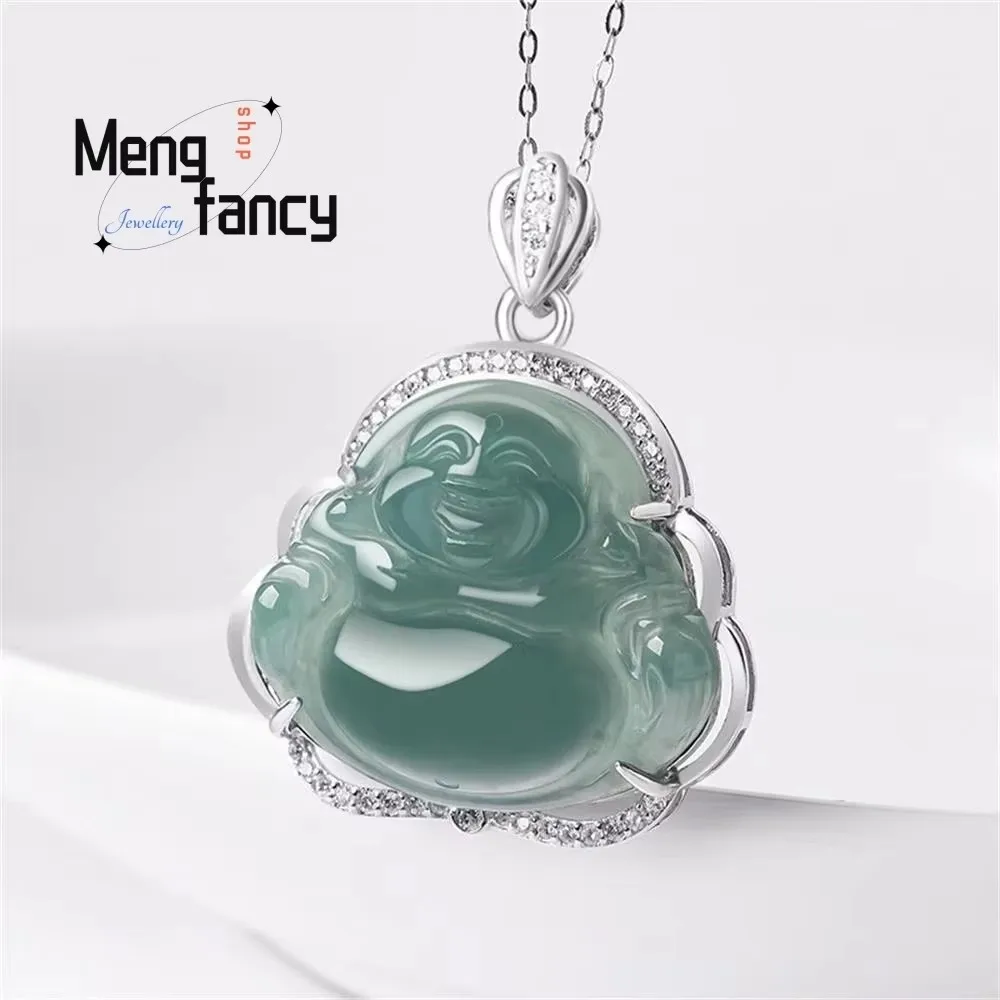 Natural A-goods Jadeite Blue Water Maitreya Buddha Pendant S925 Silver Inlay Necklace Ice Jade Exquisite High-grade Fine Jewelry