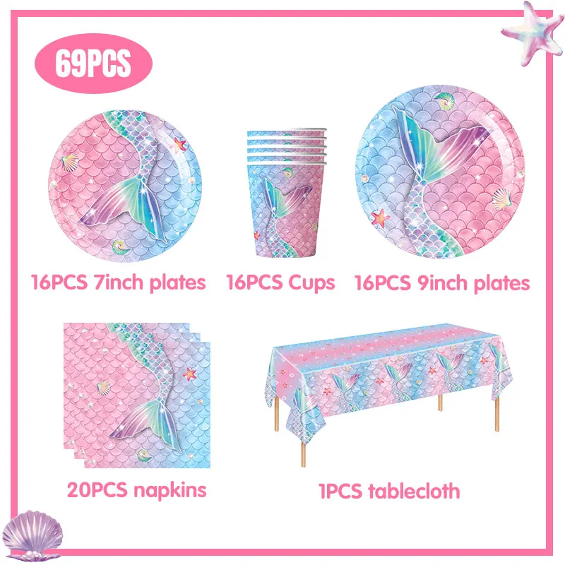 Mermaid Birthday Party Decorations Theme Tableware Set Hanging Banner Gift Bags Tablecloth Backdrop Party Decorations For Kids