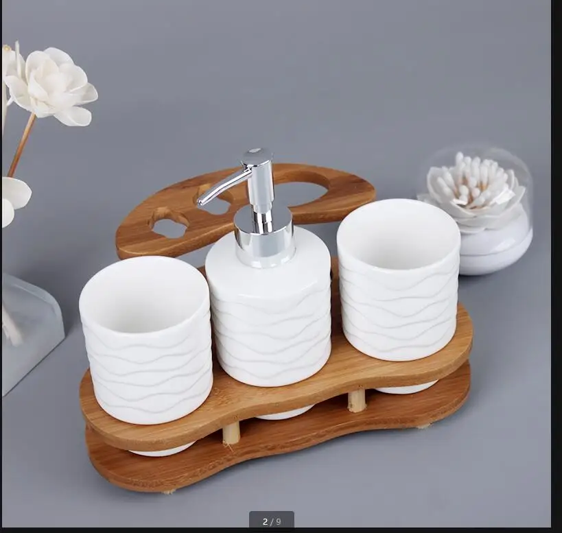 White Ceramic Bathroom 3-piece Set Wooden Frame Base Lotion Bottle Mouth Cup Toothbrush Holder Supplies Wash