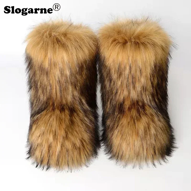 Women Winter Faux Raccoon Fur Snow Boots Woman Plush Warm Furry Boots Luxury Footwear Girls Fashion Colorful Fluffy Shoes Bottes