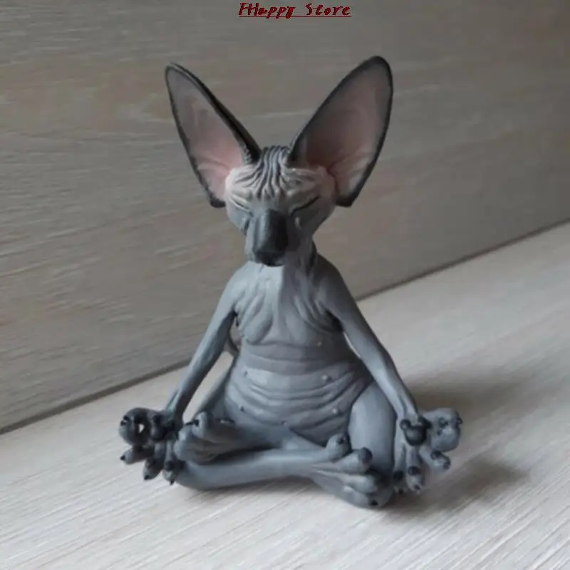 Home Decor Sphynx Cat Meditate Collectible Figurines Miniature Buddha Cat Figurine Animal Model Doll Toys Hairless Cat Figurine