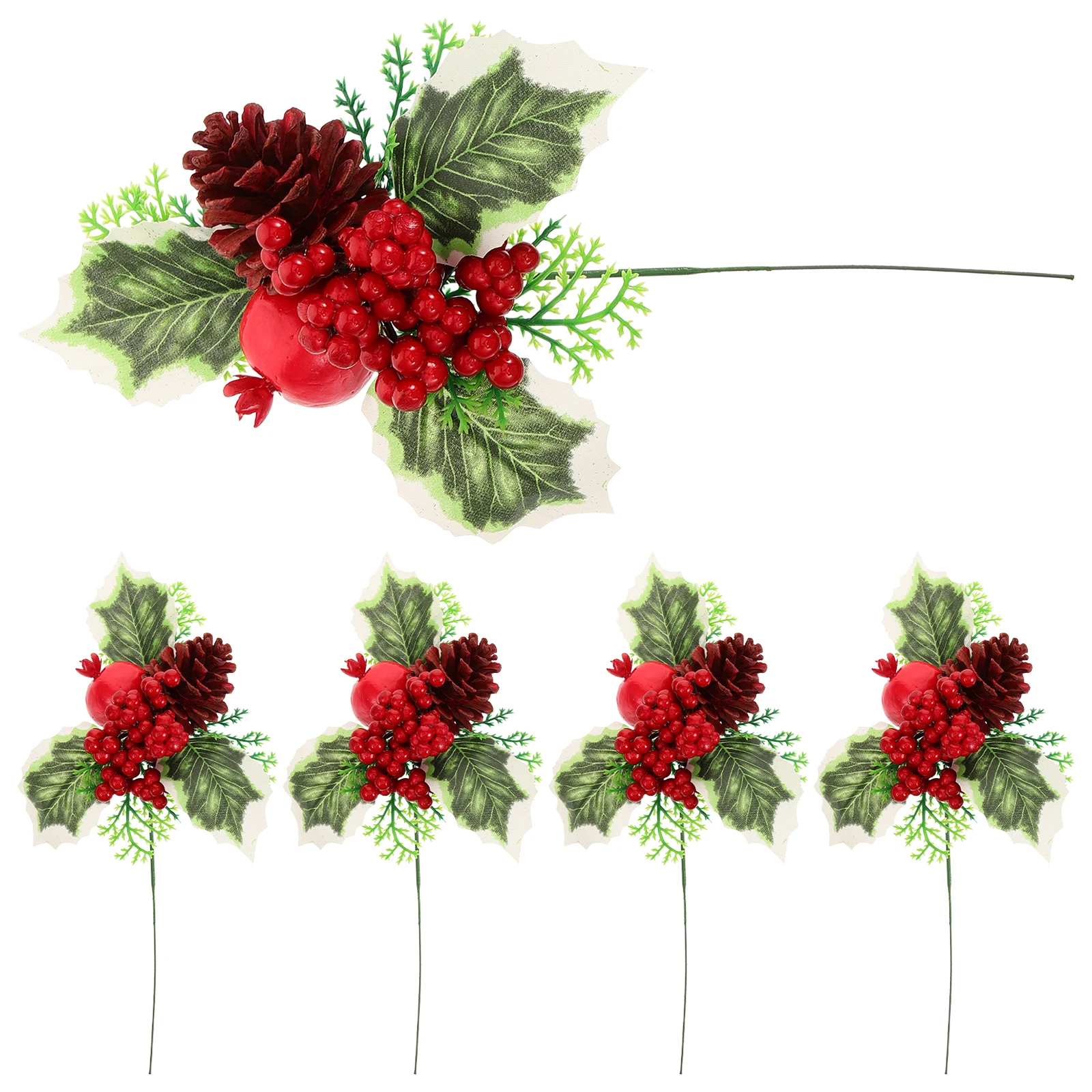 

5pcs Christmas Pine Cone Green Hollow Leaf Artificial Stems Fake Pomegranate Mushroom Picks Decorative Plant For Diy Wreath Tree