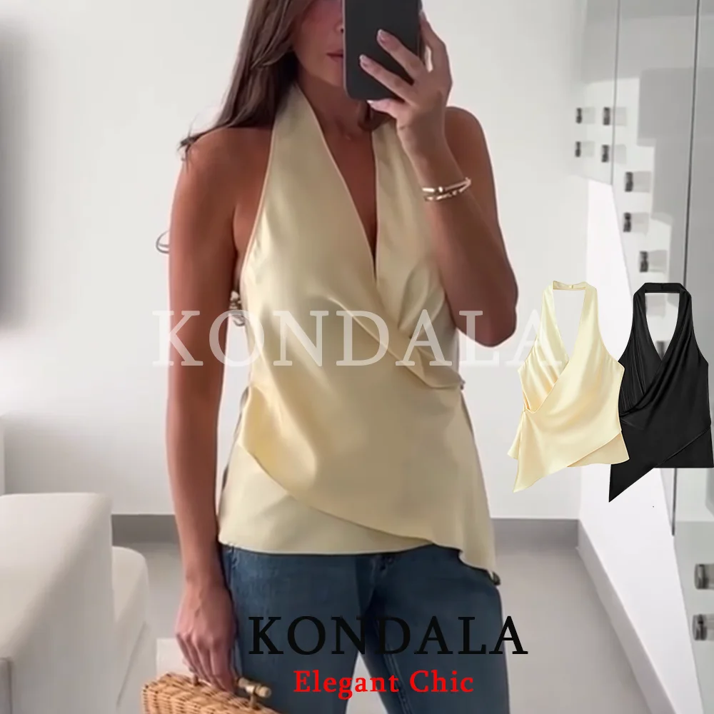 KONDALA Damen Trendiges Sexy Satin-Neckholder-Top Asymmetrisches Ärmelloses Rückenfreies Top Neue Mode 2026 Frühling Sommer Party Strand-Top
