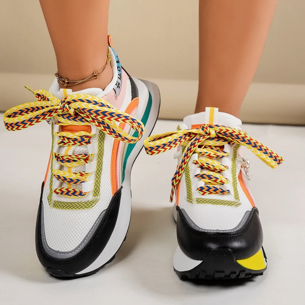 Women Colorblock Patch Design Breathable Mesh Chain Decor Lace-up Casual Boat Sneakers Spring Autumn Fashion Casual Sports Shoes