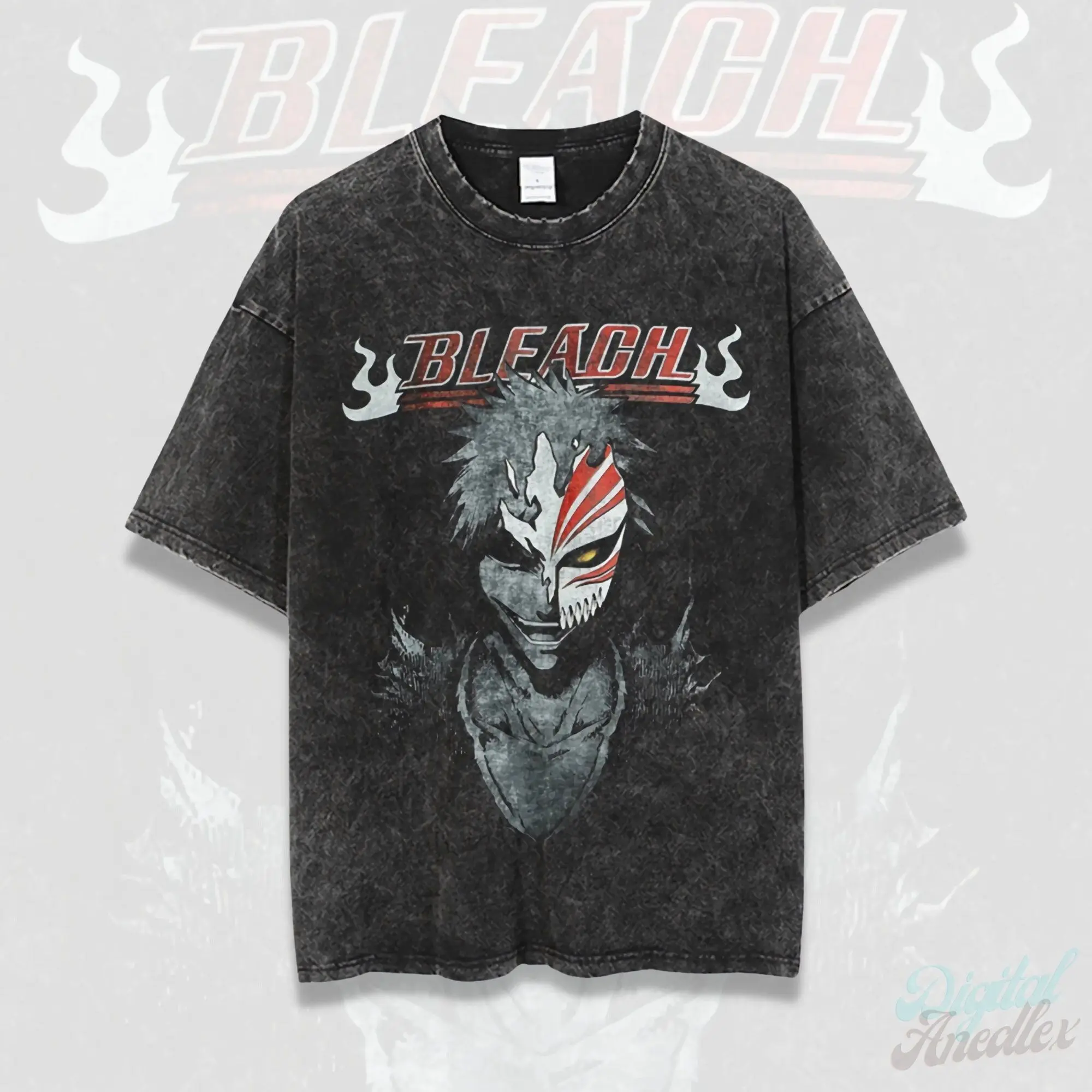 

Japanese Super Popular Anime Bleach Short-sleeved EnvironmentWorldBull Head MasqueKurozaki Ichigo Kenhachi Vintage Washed Tshirt