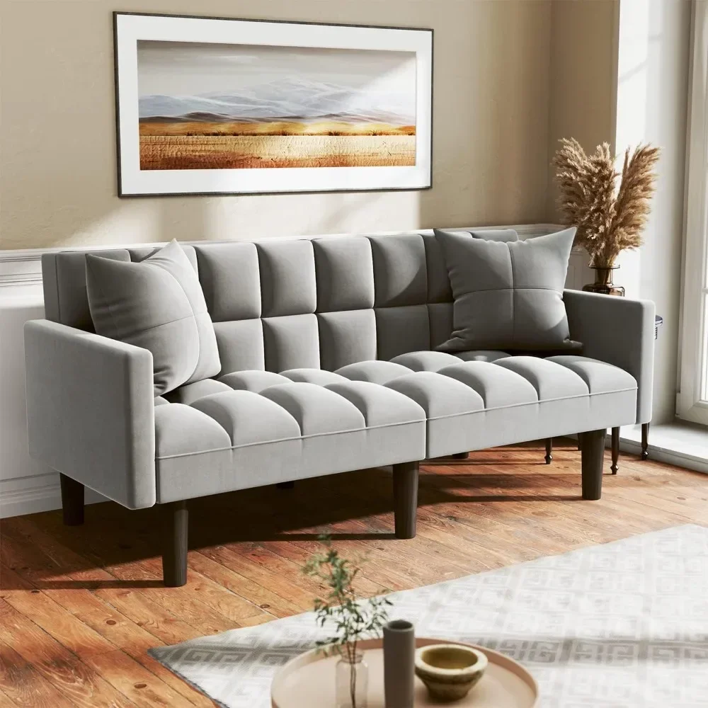 Sofa Bed Upholstered Modern Convertible Couch with Cylindrical Soft Pillow, Suitable for Bedroom, Light Gray