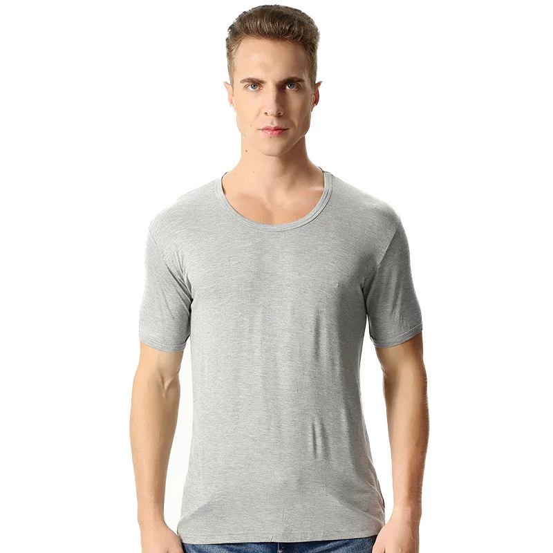 Spring and summer men\'s new thin bamboo fiber T-shirt soft elastic plus size round neck short-sleeved tops tee shirt homme