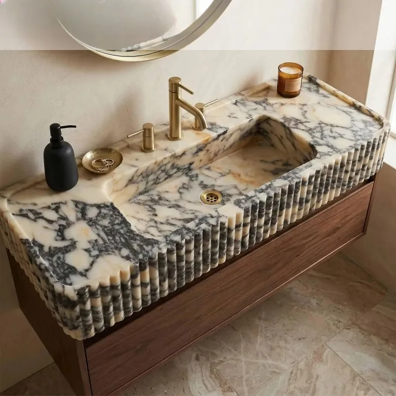 Floating Vanity Calacatta Viola Marble Sink Wall Mounted Fluted Bathroom Handcraved Stone Washbasin for Villa House Home