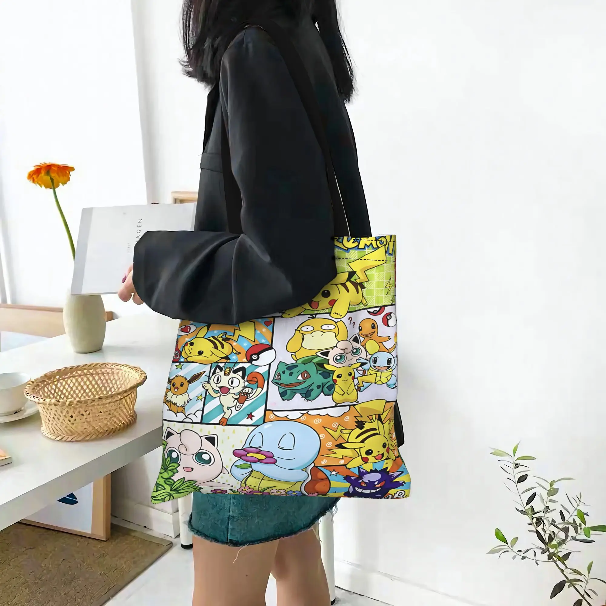 Customized Cartoon Pokemon Theme Women's Bag Campus Handbag Large Capacity  Canvas Tote Bag Foldable Chic Pattern