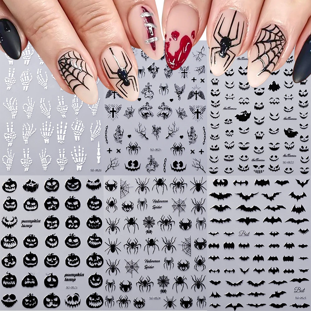 

5D Dark Style Halloween Nail Art Sticker Bat Skull Hand Pumpkin Cross Spider Adhesive Nail Decals Horror Y2K Manicure Decoration