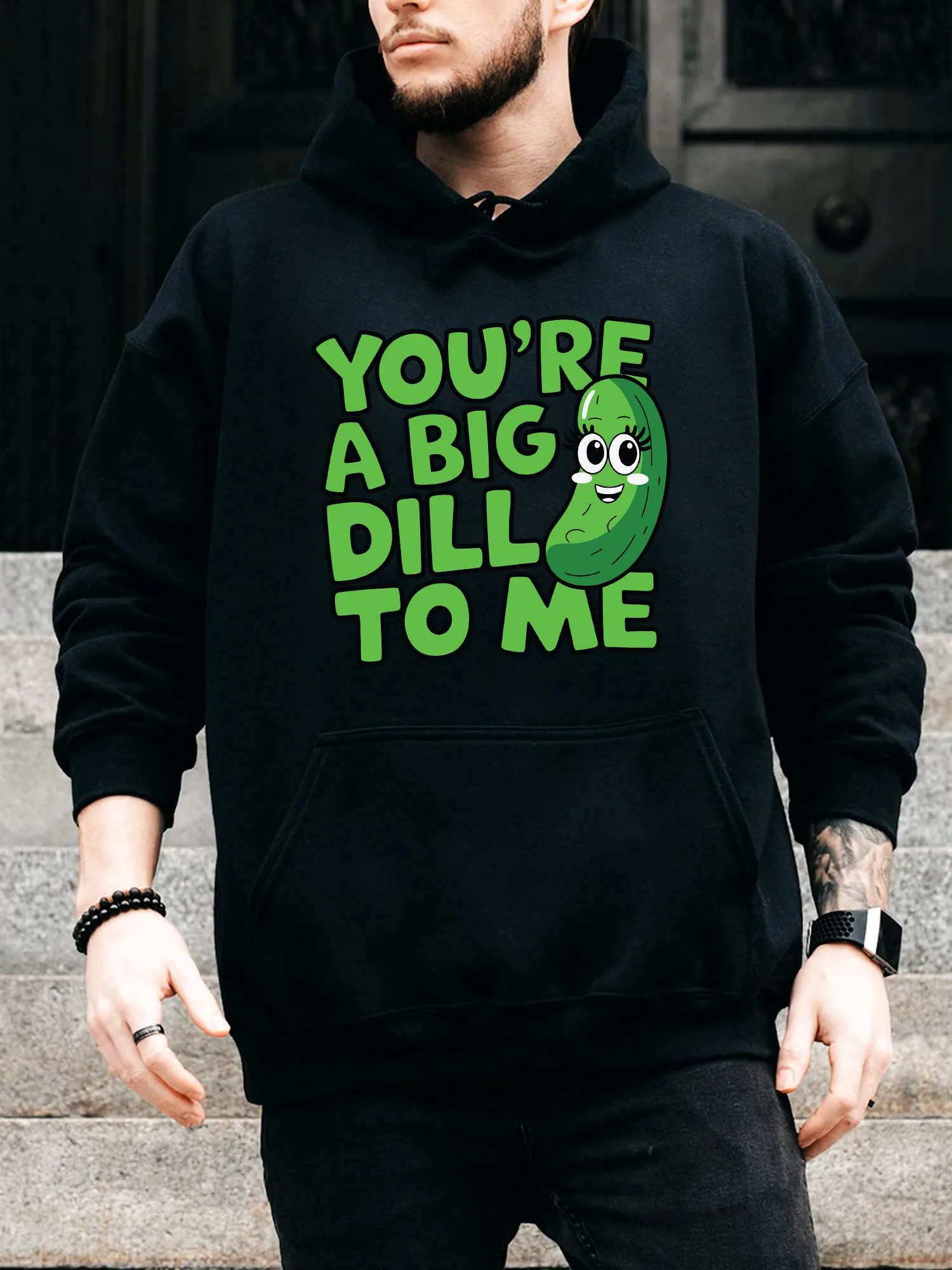 سترة بغطاء للرأس برباط للرجال من Pickle You're a Big Dill to Me - بلوفر أسود مريح كاجوال، سترة بغطاء للرأس للخريف والشتاء