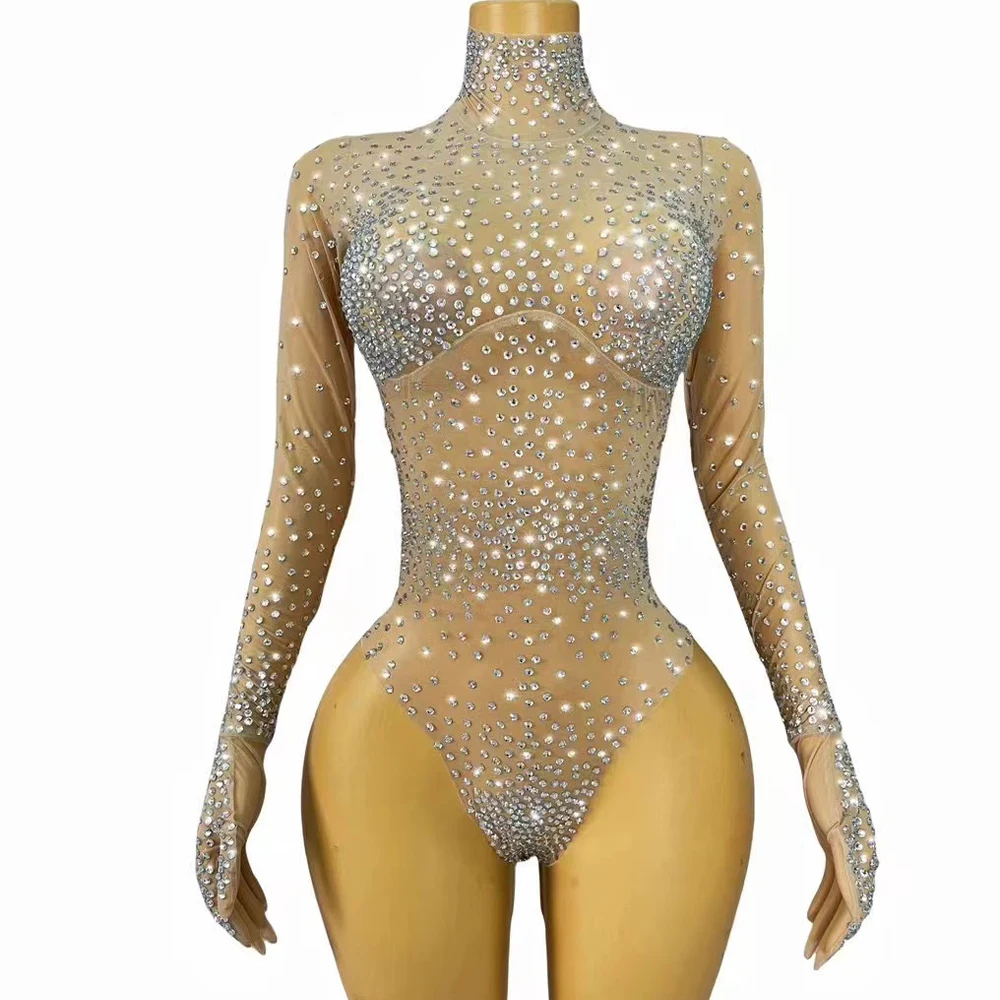 Women Sexy Stage Transparent Mesh Shining Rhinestones Glove Bodysuit Women Bar Party Singer Dancer Stage Photoshoot Costume