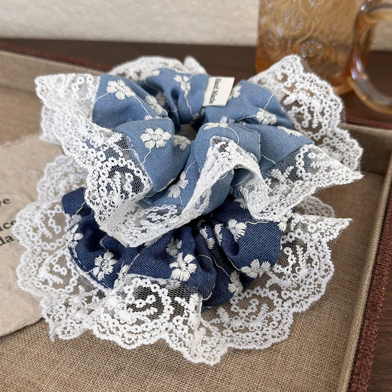 New Style Denim Made Embroidered Lace Large Size Hair Ties Women\'s Korean Fragmented Flower Hair Scrunchies  Accessories 1pc