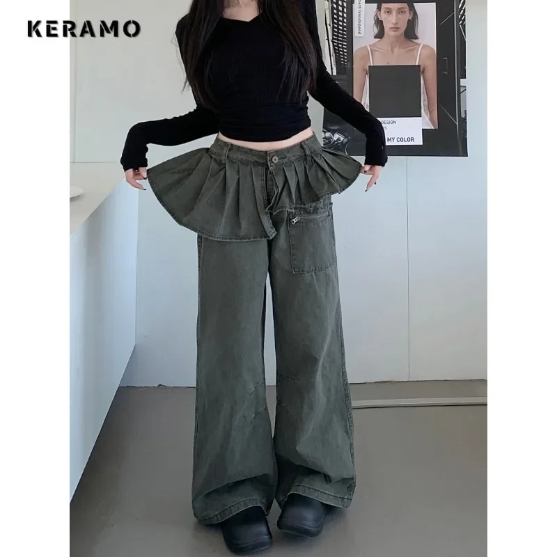 American Retro High Waist Sweet Street Skirt Jean Pockets Baggy Mop Pants Women's Emo Casual Y2K Washed Solid Denim Trouser