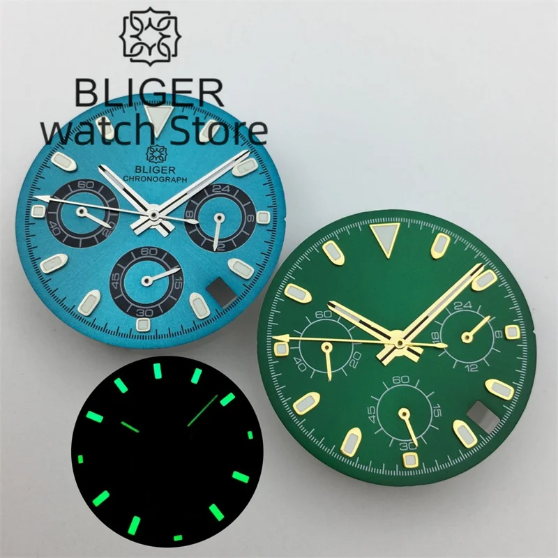 

BLIGER VK63 Dial 29.5mm Sky blue Green Dial With Hands Green Luminous Fit VK63 VK64 movement