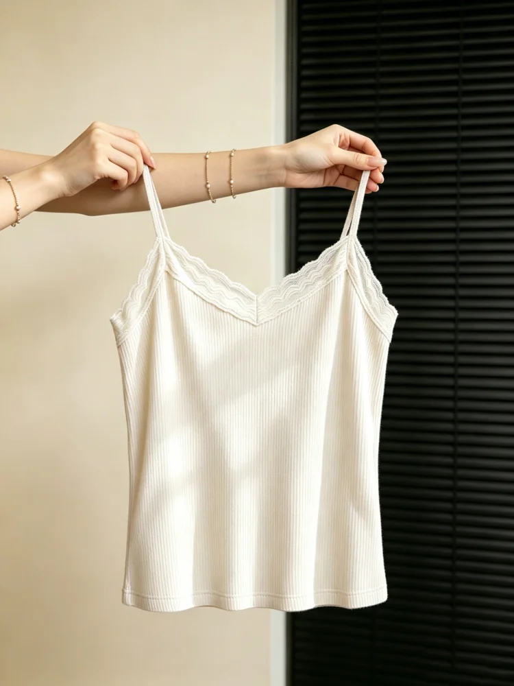 Slimming V-Neck Lace Crop Top Women's Summer Cotton Blend Tank Top Outerwear Base Layer Slim Fit plus Size Underwear T-Shirt