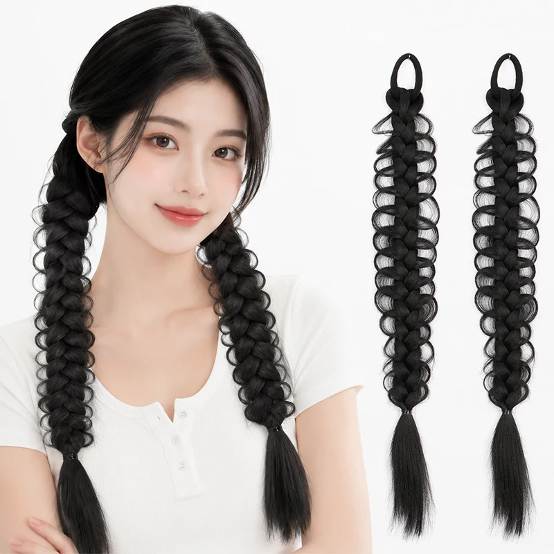 18Inch Synthetic Double Fishbone Braid Ponytail Hair Extension Elastic Band Hairpiece for Women Daily Party Cosplay Hairstyle