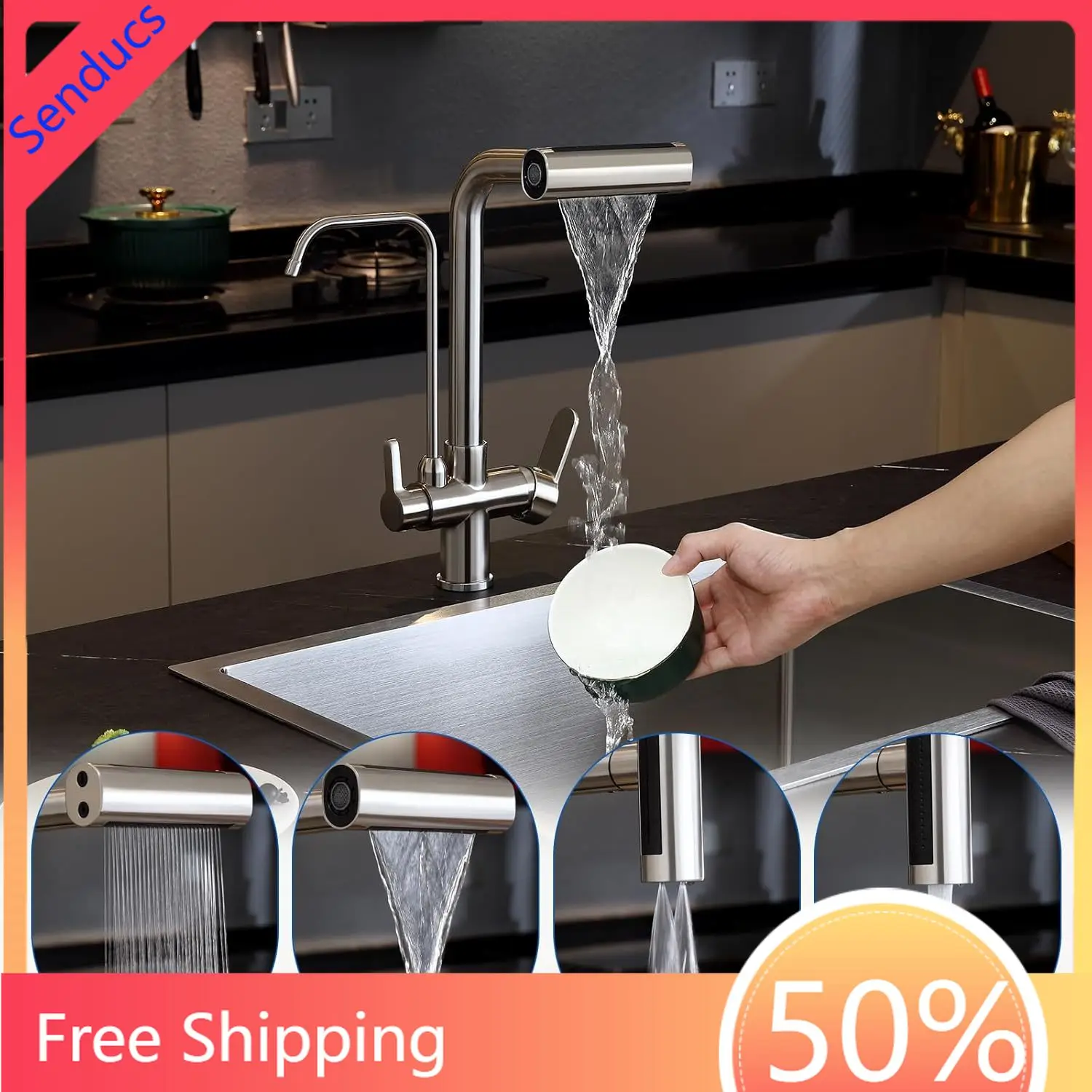 3 Way Pull Out Filter Kitchen Faucets Black Pure Water Filter Kitchen Sink Faucet Hot Cold Mixer Tap Pull Down Kitchen Faucet