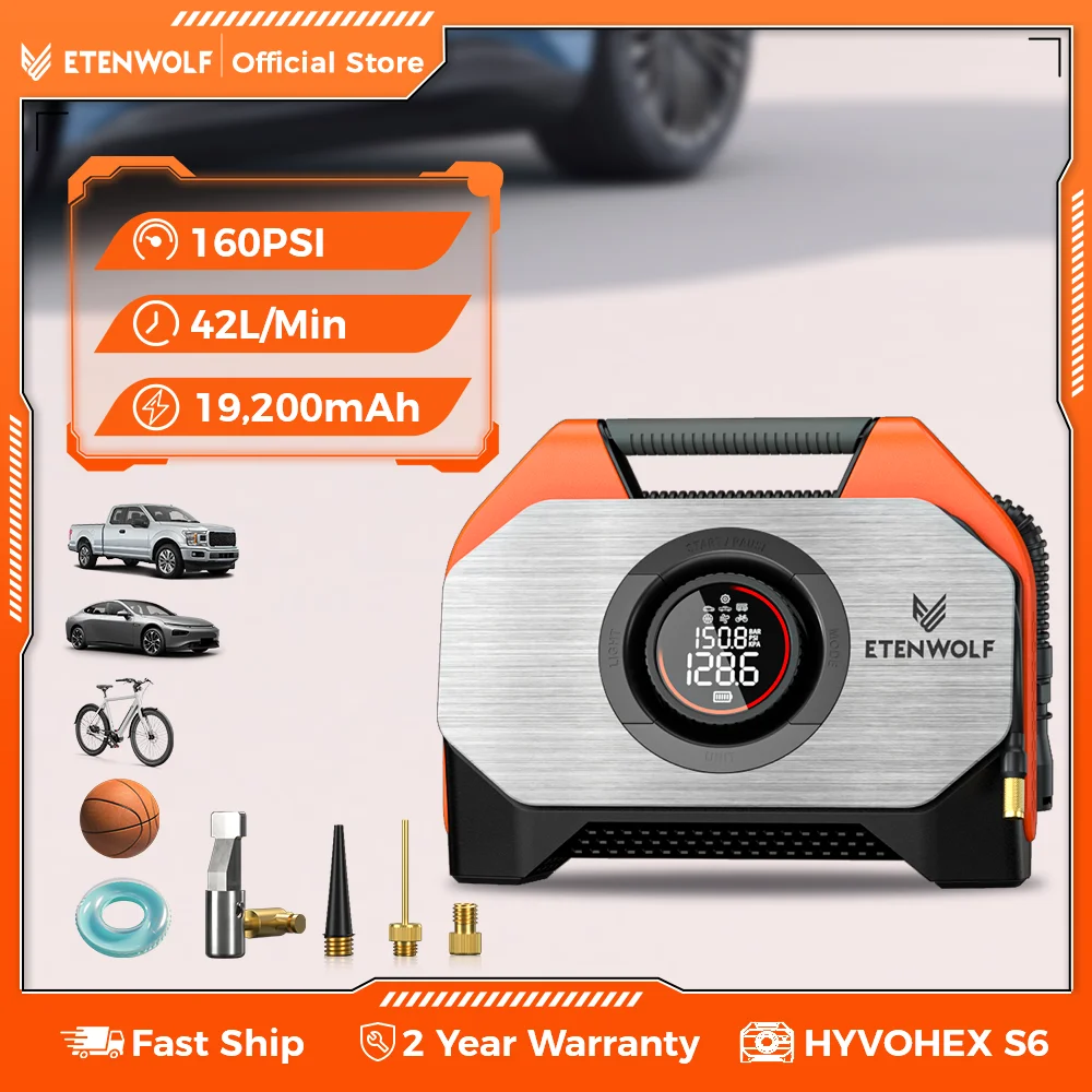 

ETENWOLF VORTEX S6 Portable Air Compressor 100% Duty Cycle & Dual Cylinder 19200 mAh Car Tire Inflator Bicycle pump Air pump