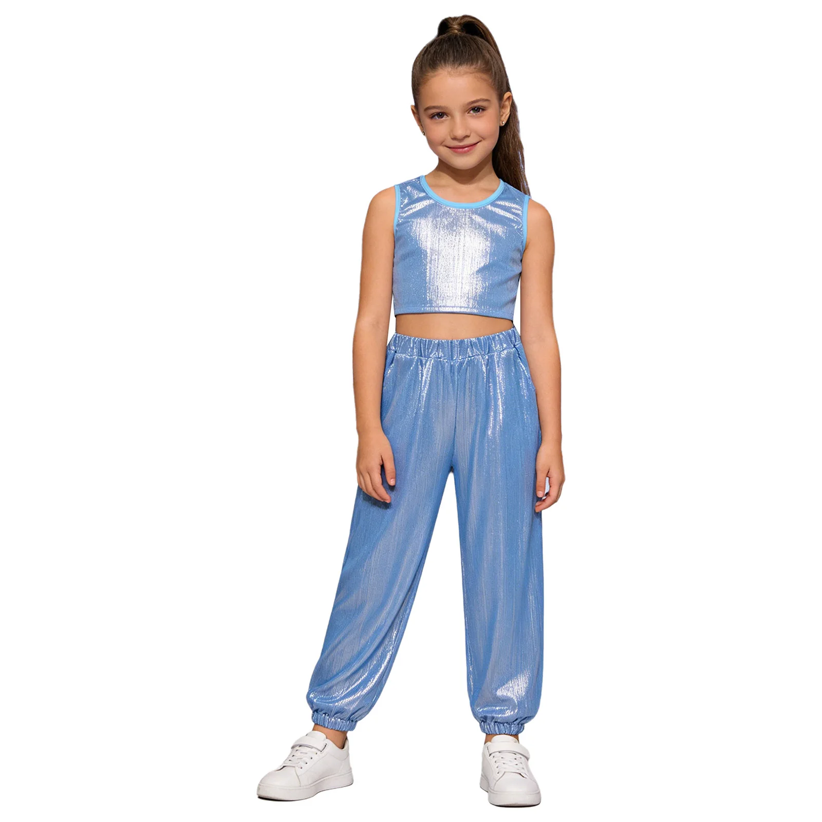 Kids Girls Hip Hop Cheerleading Performance Costume Jazz Dance Outfits Metallic Ribbed Dance Outfit Sleeveless Vest with Pants